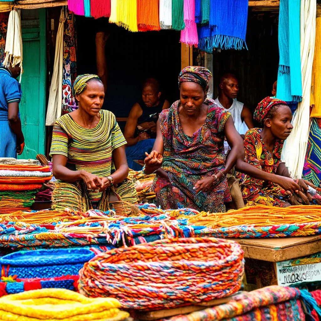 Bustling African market with colorful textiles